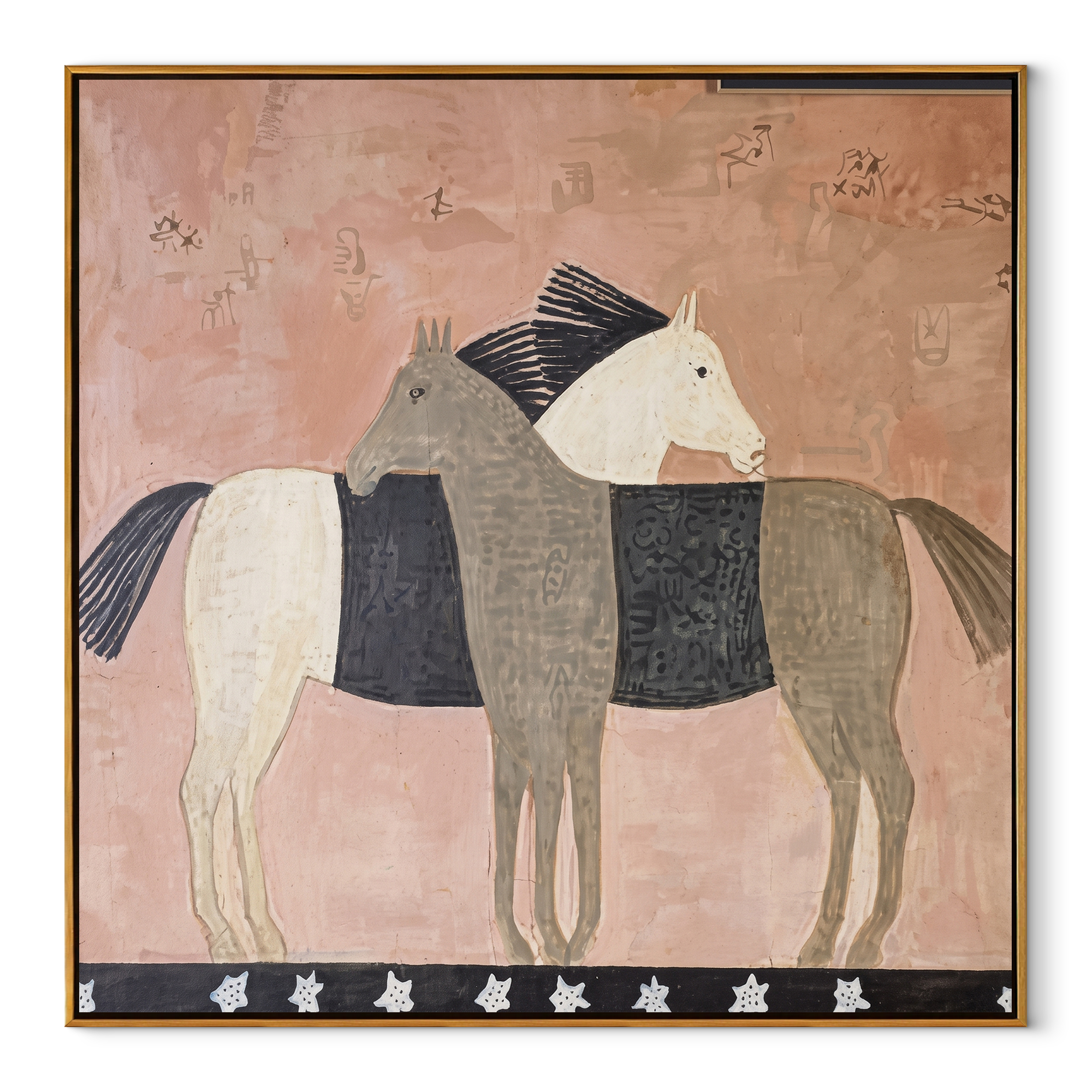 Three Horses Share Pink - three horse folk painting by Isabelle Laurent, modern Western square wall art – wood frame on white background