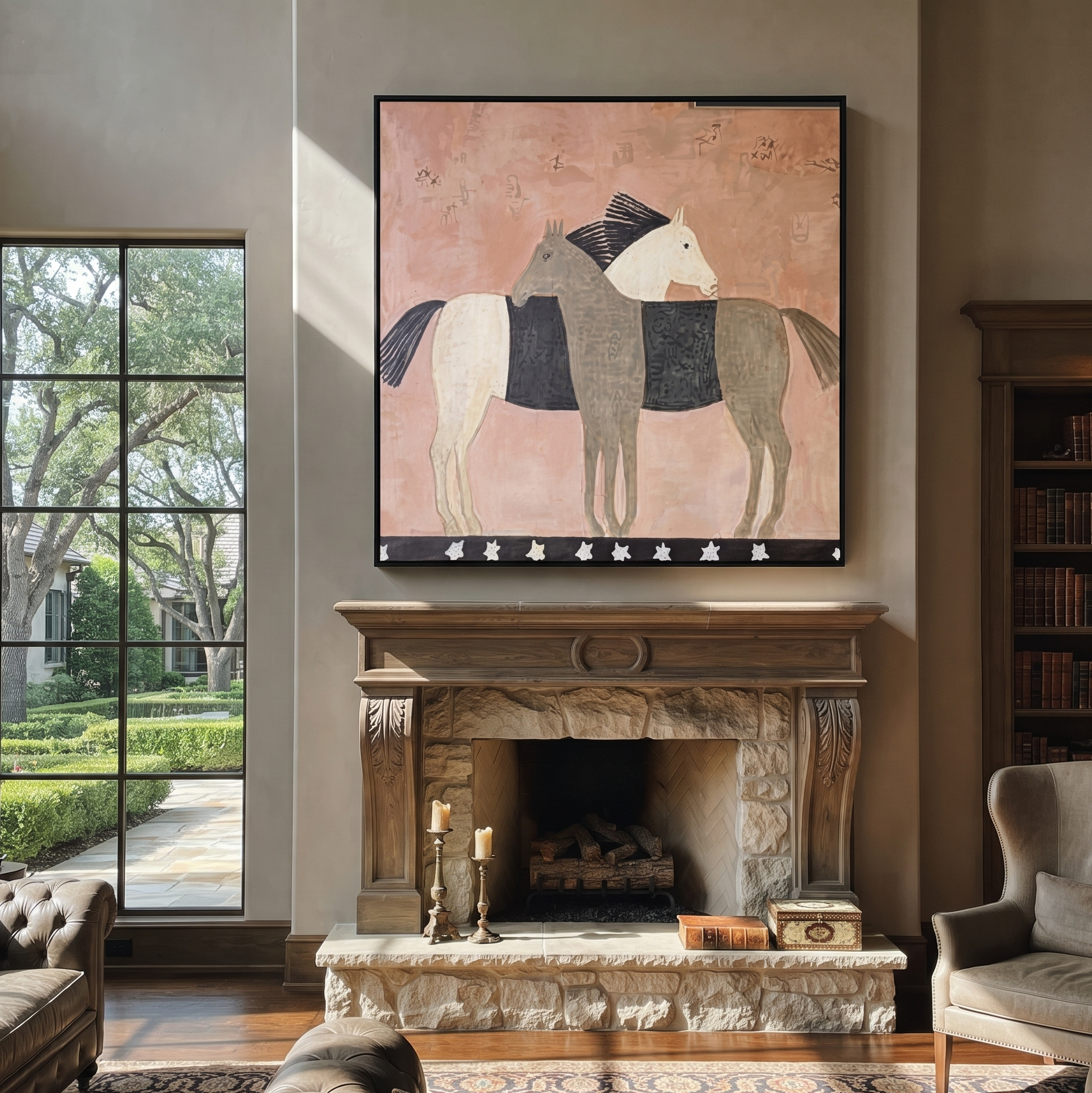 Three Horses Share Pink - three horse folk painting by Isabelle Laurent, modern Western square wall art – styled room scene view 2