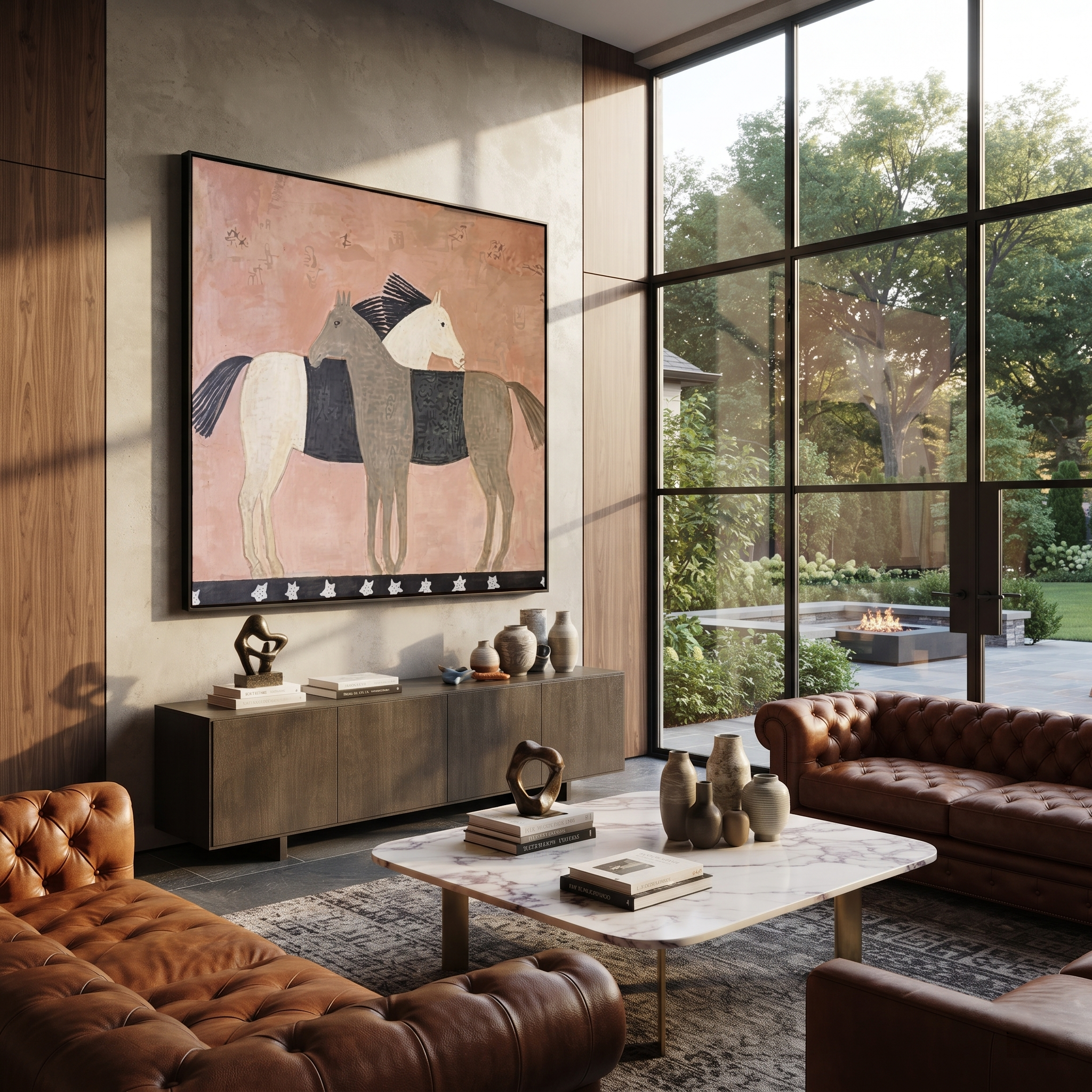 Three Horses Share Pink - three horse folk painting by Isabelle Laurent, modern Western square wall art – styled room scene view 3