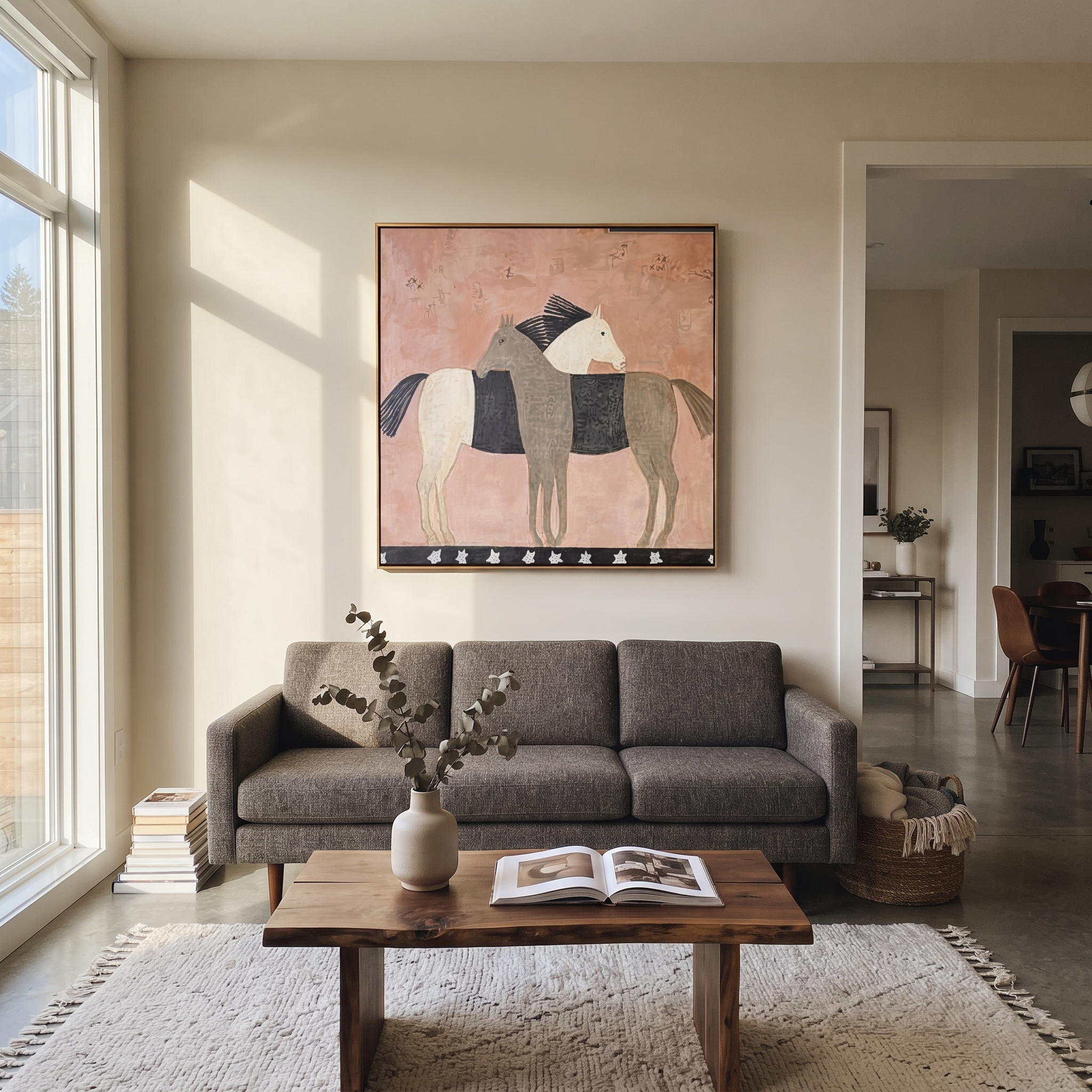 Three Horses Share Pink - three horse folk painting by Isabelle Laurent, modern Western square wall art – styled room scene view 4