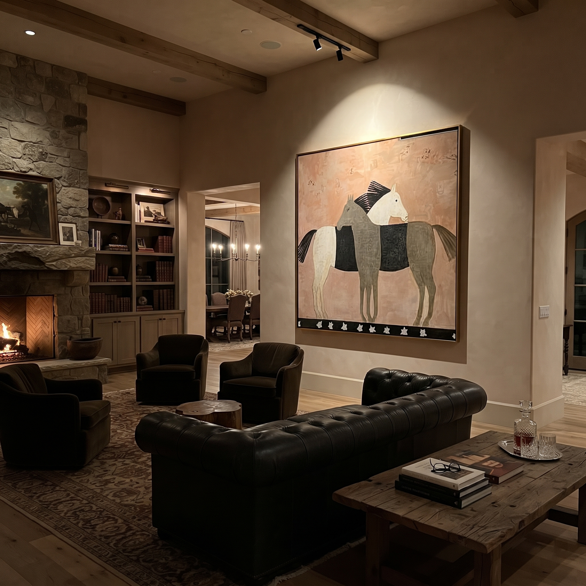 Three Horses Share Pink - three horse folk painting by Isabelle Laurent, modern Western square wall art – styled room scene view 5