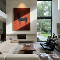 Arms Balance Above Black - black horse balance painting by Isabelle Laurent, modern Western vertical wall art – styled room scene view 1