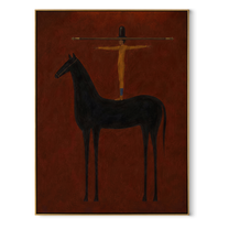 Arms Balance Above Black - black horse balance painting by Isabelle Laurent, modern Western vertical wall art – wood frame on white background