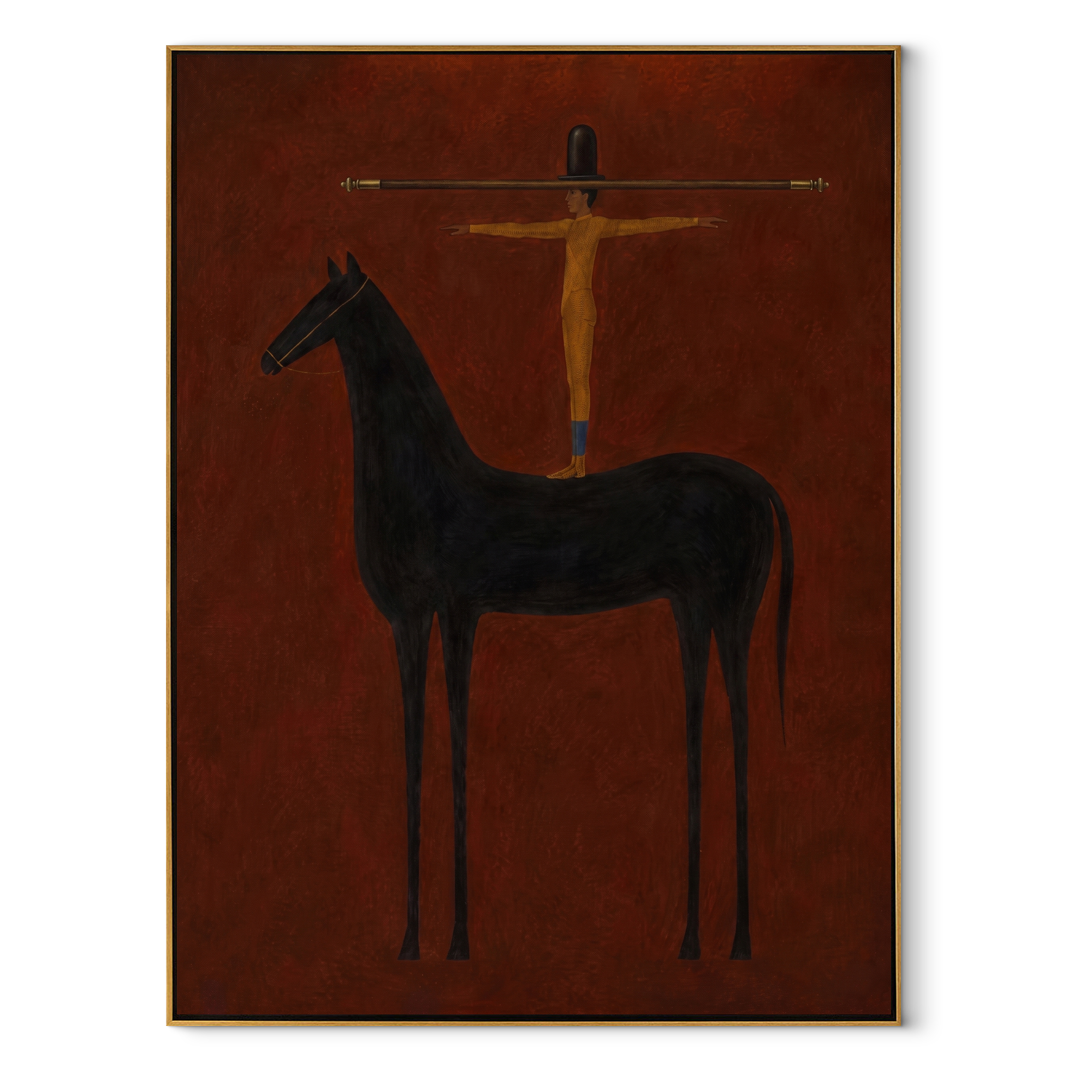 Arms Balance Above Black - black horse balance painting by Isabelle Laurent, modern Western vertical wall art – wood frame on white background