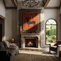 Arms Balance Above Black - black horse balance painting by Isabelle Laurent, modern Western vertical wall art – styled room scene view 2