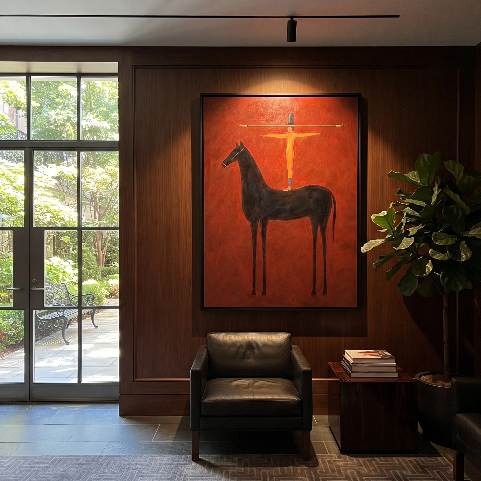 Arms Balance Above Black - black horse balance painting by Isabelle Laurent, modern Western vertical wall art – styled room scene view 3
