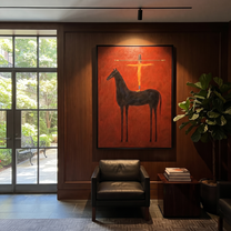 Arms Balance Above Black - black horse balance painting by Isabelle Laurent, modern Western vertical wall art – styled room scene view 3
