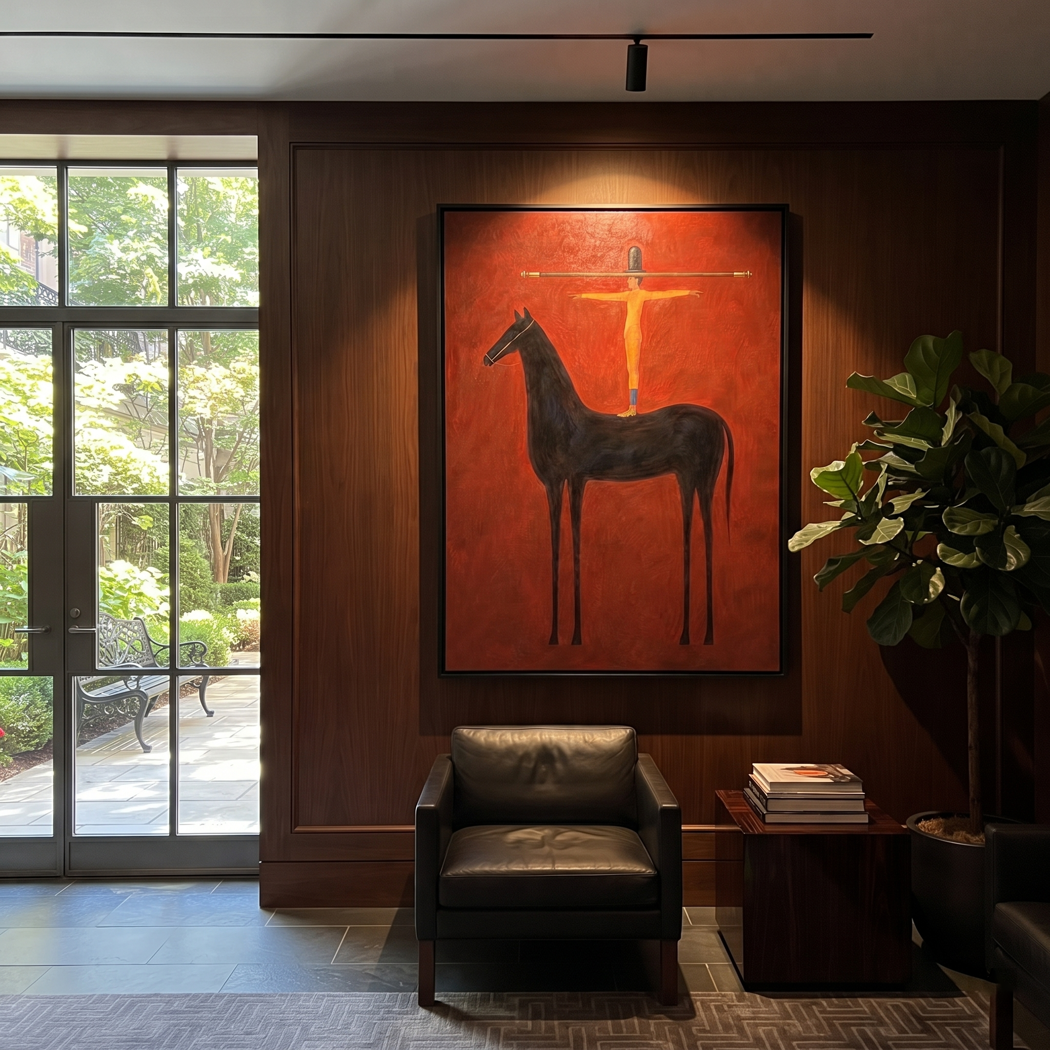 Arms Balance Above Black - black horse balance painting by Isabelle Laurent, modern Western vertical wall art – styled room scene view 3