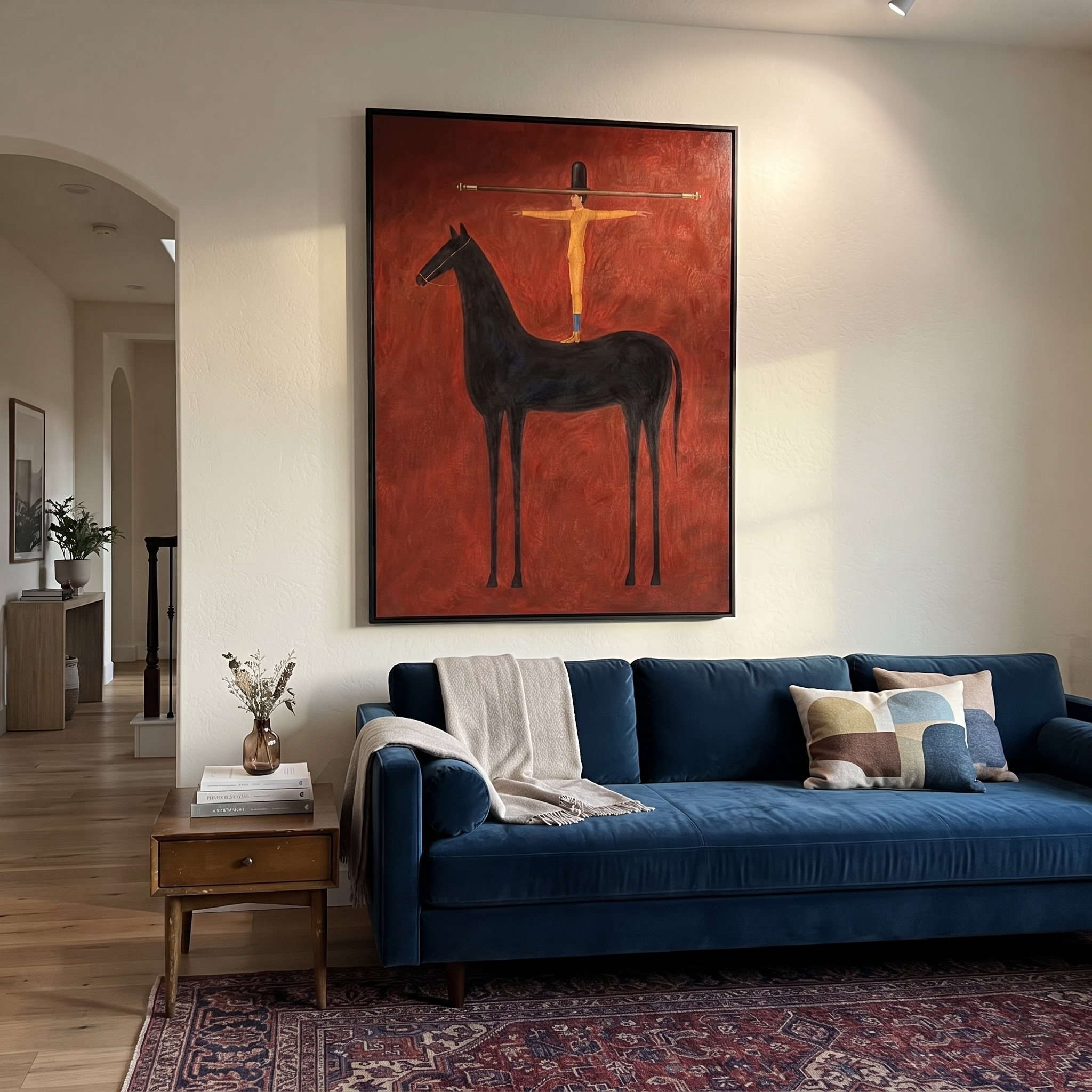 Arms Balance Above Black - black horse balance painting by Isabelle Laurent, modern Western vertical wall art – styled room scene view 4