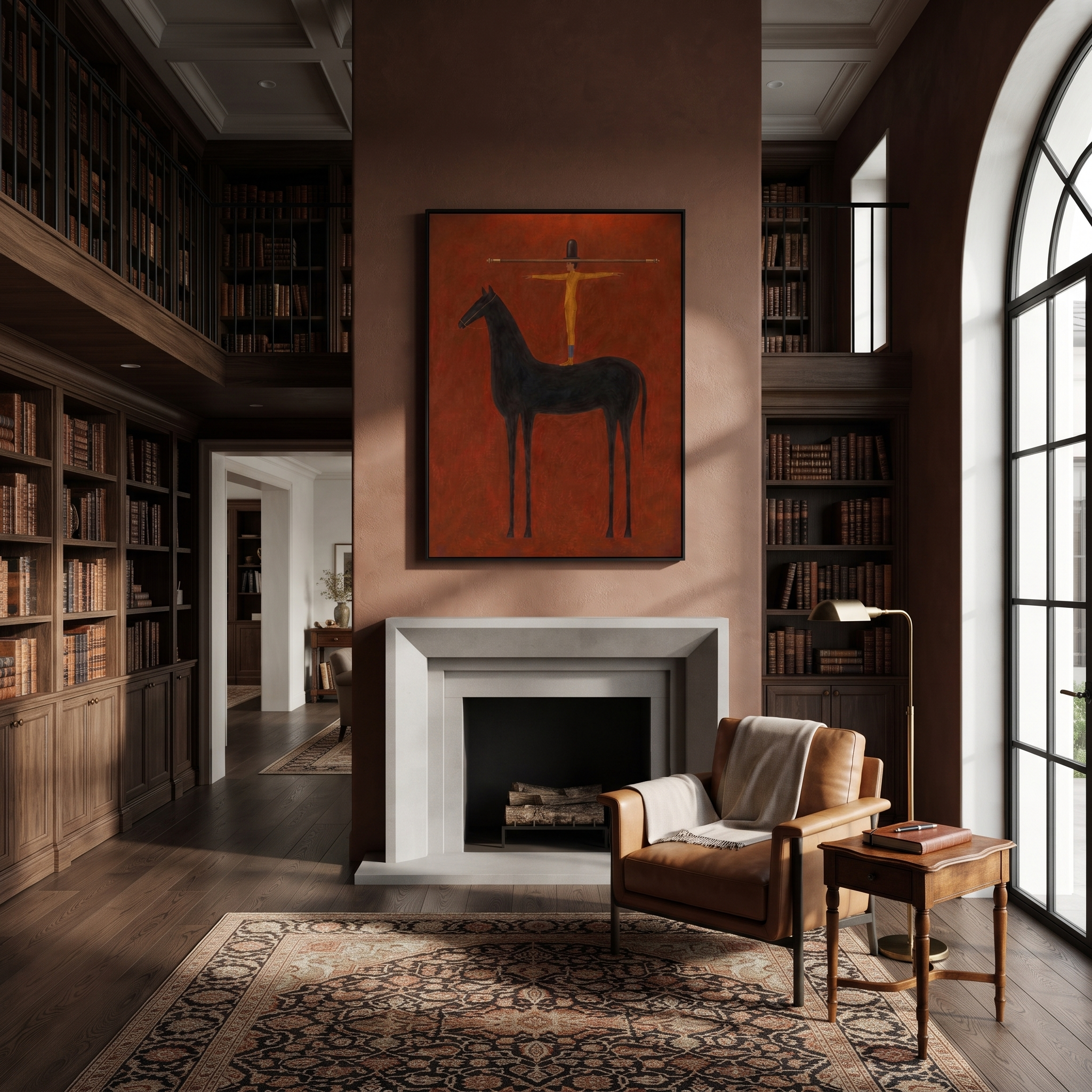 Arms Balance Above Black - black horse balance painting by Isabelle Laurent, modern Western vertical wall art – styled room scene view 5