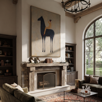 Rider Shades Morning Eyes - black horse rider painting by Isabelle Laurent, modern Western vertical wall art – styled room scene view 1