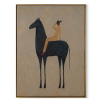 Rider Shades Morning Eyes - black horse rider painting by Isabelle Laurent, modern Western vertical wall art – wood frame on white background