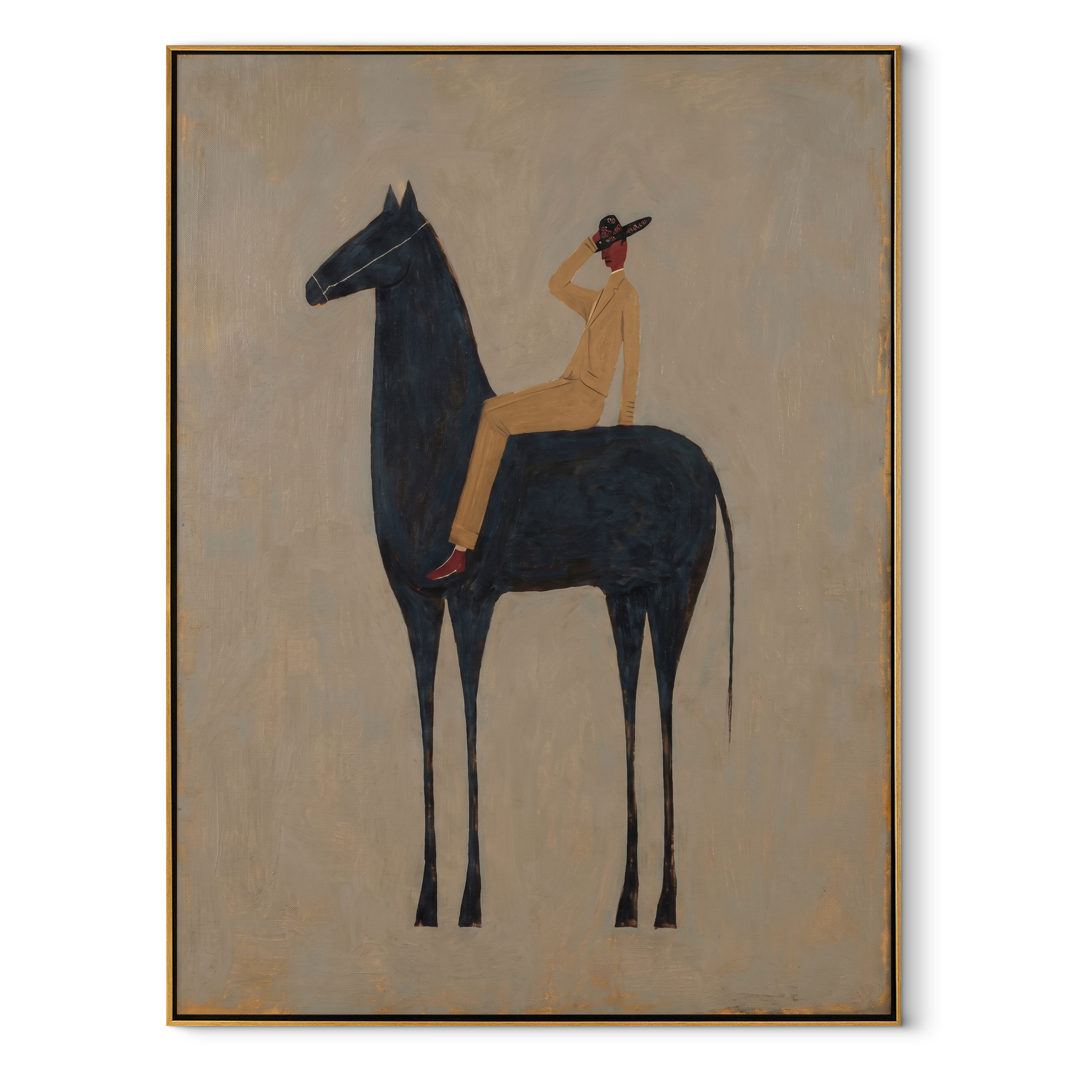 Rider Shades Morning Eyes - black horse rider painting by Isabelle Laurent, modern Western vertical wall art – wood frame on white background