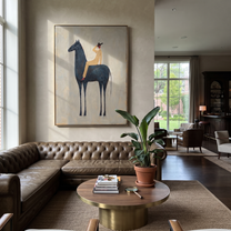 Rider Shades Morning Eyes - black horse rider painting by Isabelle Laurent, modern Western vertical wall art – styled room scene view 2