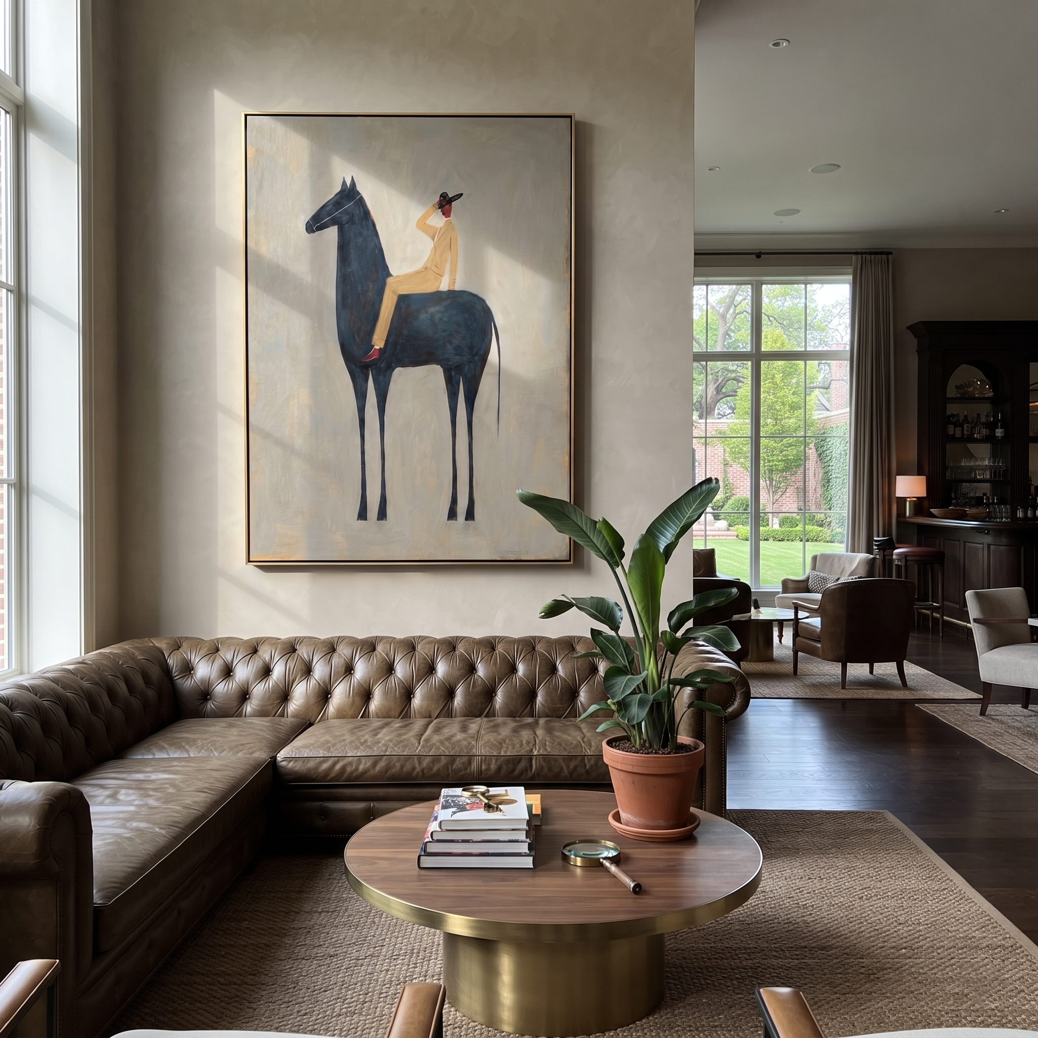Rider Shades Morning Eyes - black horse rider painting by Isabelle Laurent, modern Western vertical wall art – styled room scene view 2