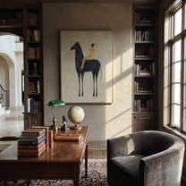 Rider Shades Morning Eyes - black horse rider painting by Isabelle Laurent, modern Western vertical wall art – styled room scene view 3