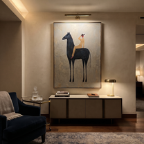 Rider Shades Morning Eyes - black horse rider painting by Isabelle Laurent, modern Western vertical wall art – styled room scene view 4