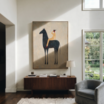 Rider Shades Morning Eyes - black horse rider painting by Isabelle Laurent, modern Western vertical wall art – styled room scene view 5
