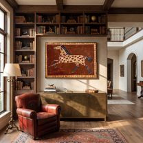 Spotted Horse Runs Rust - patterned running horse painting by Isabelle Laurent, modern Western horizontal wall art – styled room scene view 1