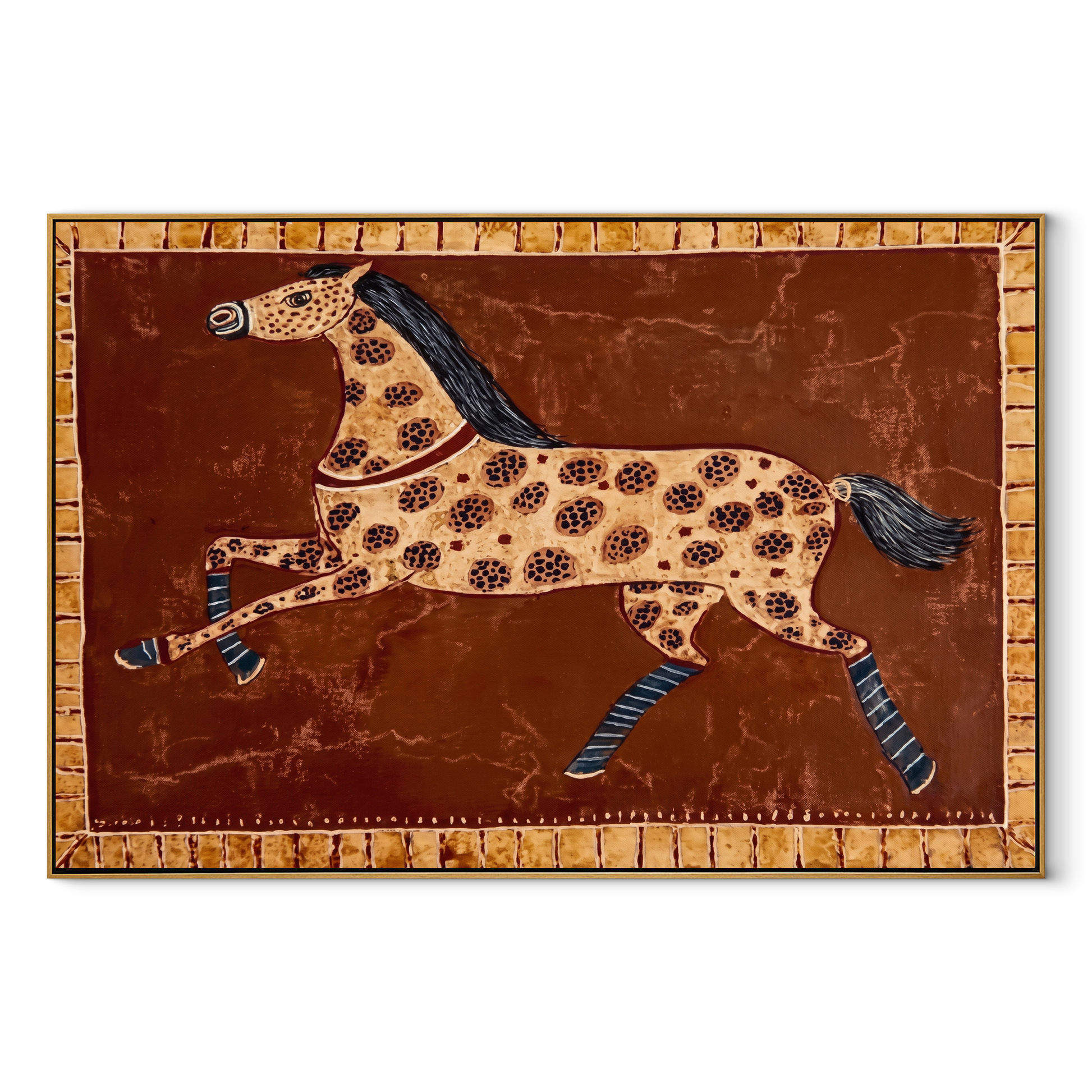 Spotted Horse Runs Rust - patterned running horse painting by Isabelle Laurent, modern Western horizontal wall art – wood frame on white background