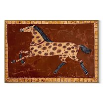 Spotted Horse Runs Rust - patterned running horse painting by Isabelle Laurent, modern Western horizontal wall art – wood frame on white background
