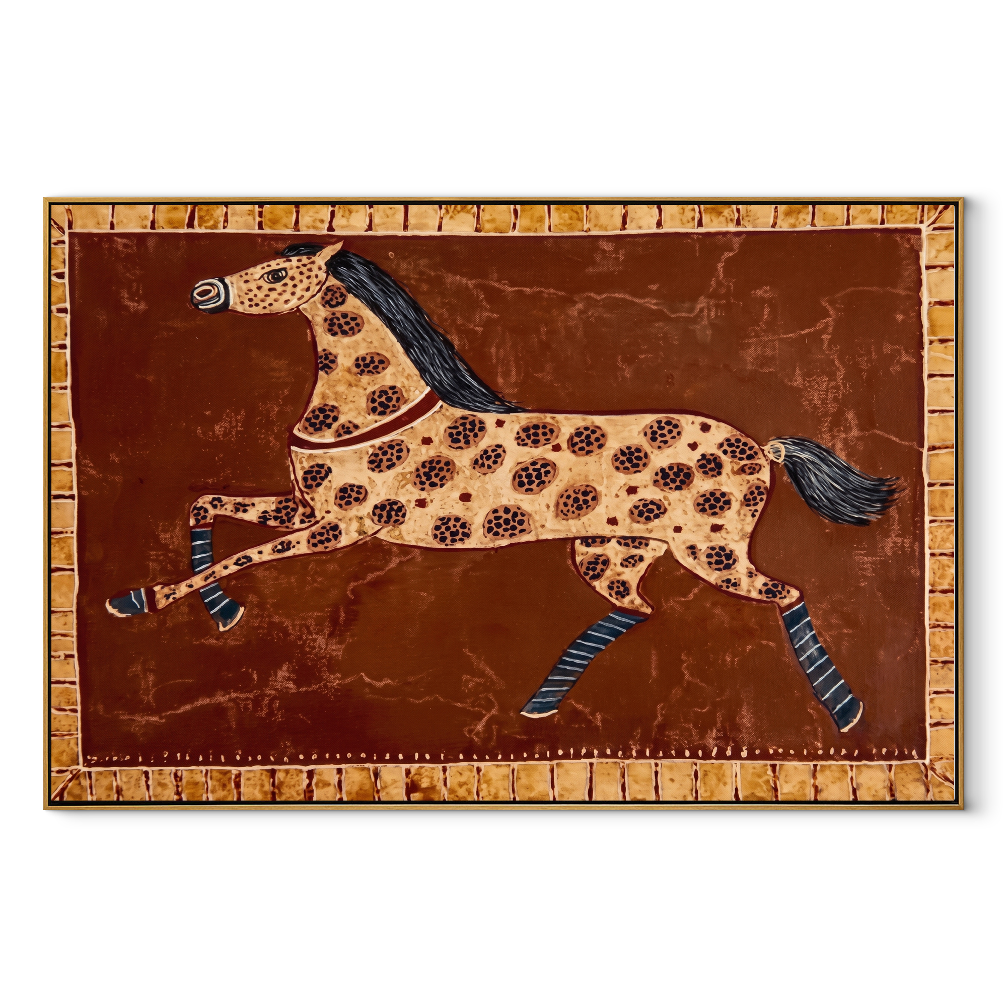 Spotted Horse Runs Rust - patterned running horse painting by Isabelle Laurent, modern Western horizontal wall art – wood frame on white background