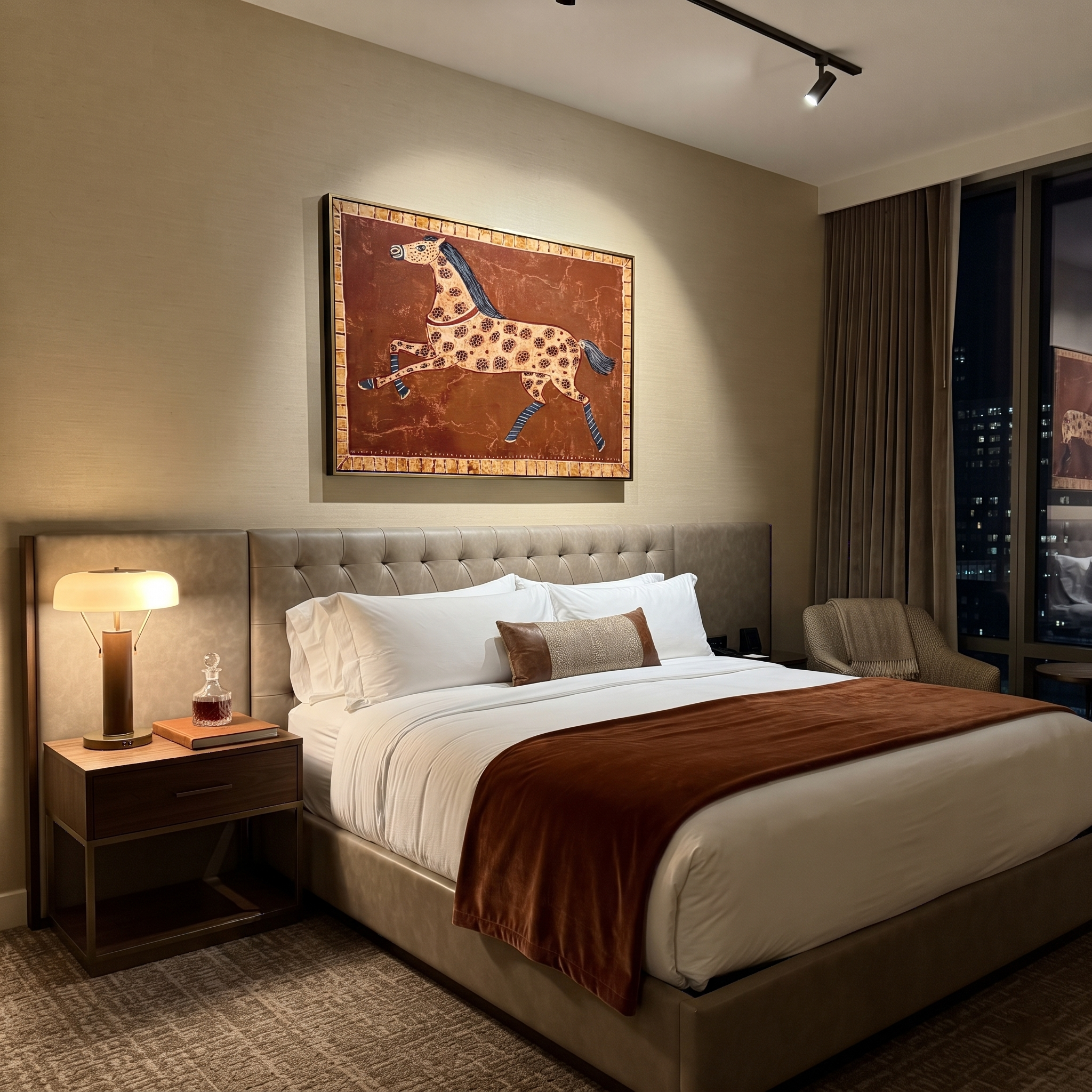 Spotted Horse Runs Rust - patterned running horse painting by Isabelle Laurent, modern Western horizontal wall art – styled room scene view 2