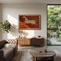 Spotted Horse Runs Rust - patterned running horse painting by Isabelle Laurent, modern Western horizontal wall art – styled room scene view 3