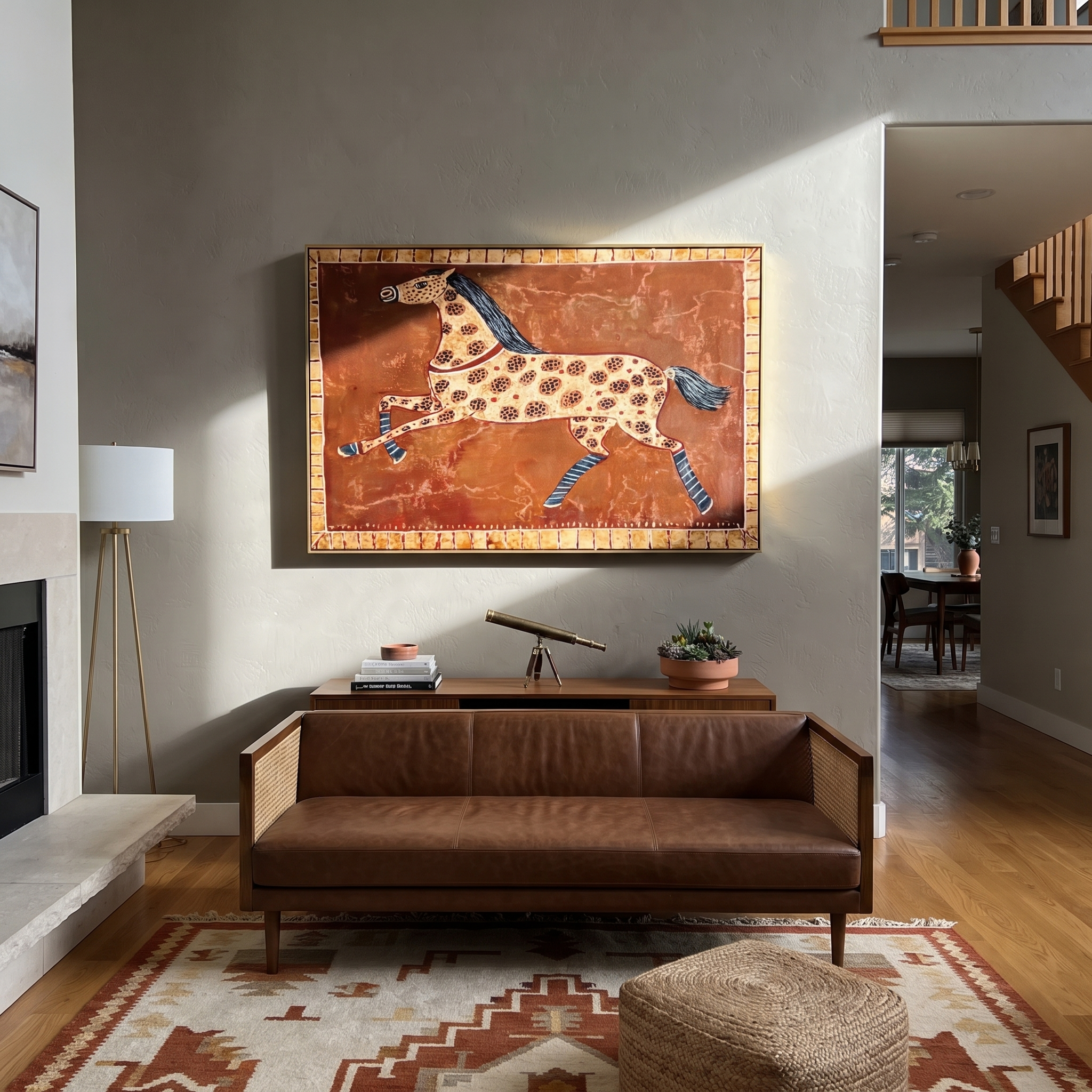 Spotted Horse Runs Rust - patterned running horse painting by Isabelle Laurent, modern Western horizontal wall art – styled room scene view 5