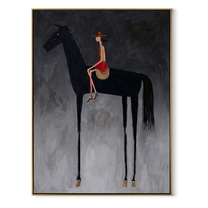 Red Saddle Meets Charcoal - black horse rider painting by Isabelle Laurent, modern Western vertical wall art – wood frame on white background