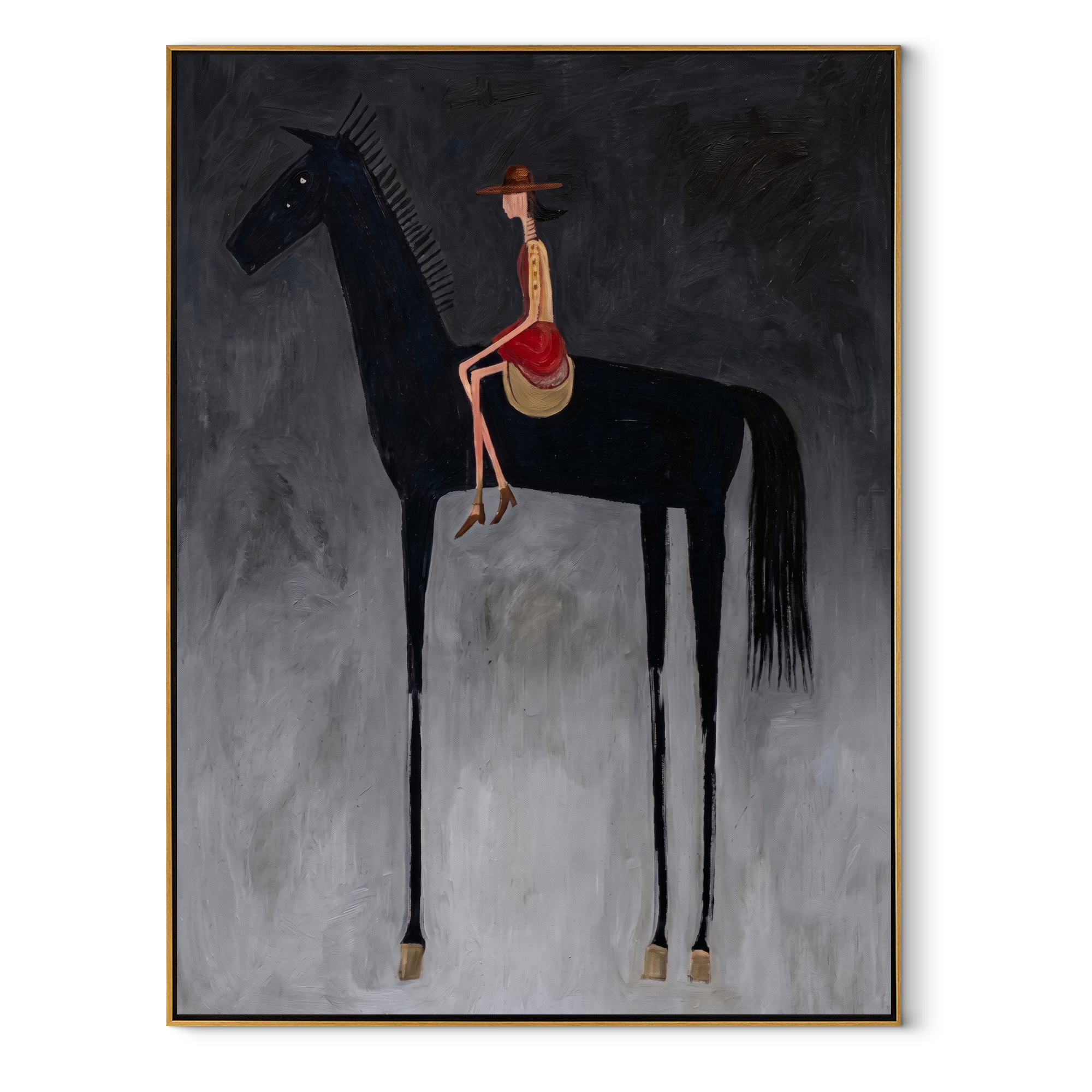 Red Saddle Meets Charcoal - black horse rider painting by Isabelle Laurent, modern Western vertical wall art – wood frame on white background