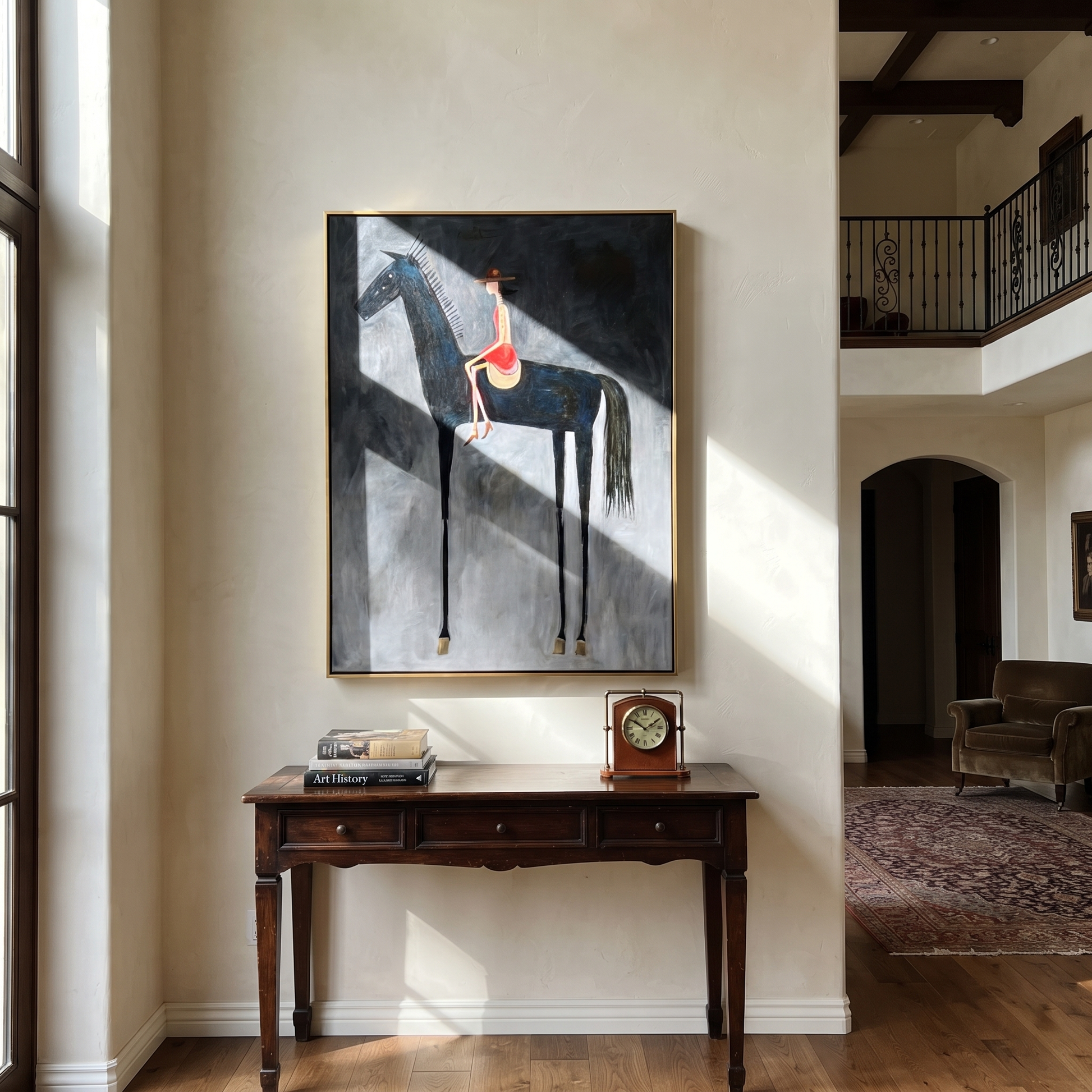 Red Saddle Meets Charcoal - black horse rider painting by Isabelle Laurent, modern Western vertical wall art – styled room scene view 4