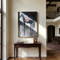 Red Saddle Meets Charcoal - black horse rider painting by Isabelle Laurent, modern Western vertical wall art – styled room scene view 4