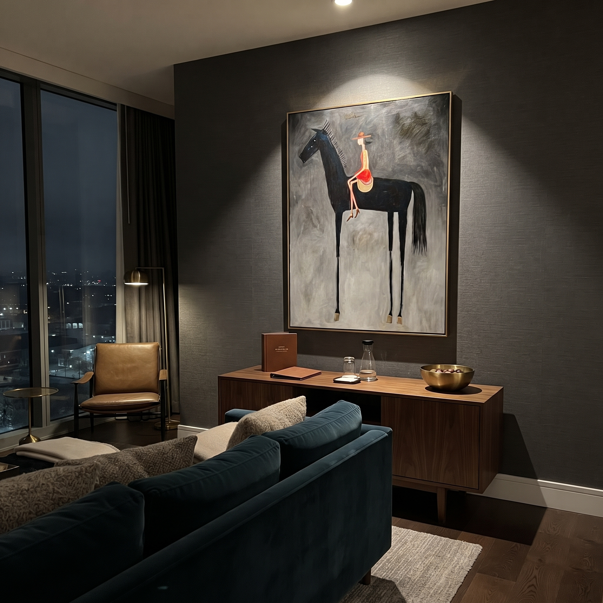 Red Saddle Meets Charcoal - black horse rider painting by Isabelle Laurent, modern Western vertical wall art – styled room scene view 5