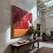 Star Horse Follows Shadow - two horse painting by Isabelle Laurent, modern Western square wall art – styled room scene view 1