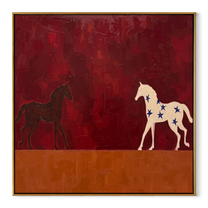 Star Horse Follows Shadow - two horse painting by Isabelle Laurent, modern Western square wall art – wood frame on white background