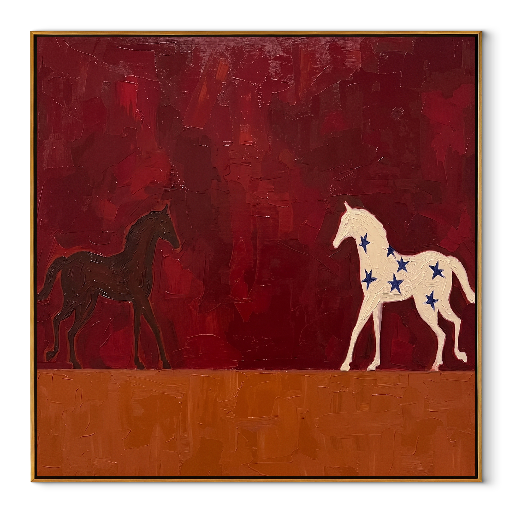 Star Horse Follows Shadow - two horse painting by Isabelle Laurent, modern Western square wall art – wood frame on white background