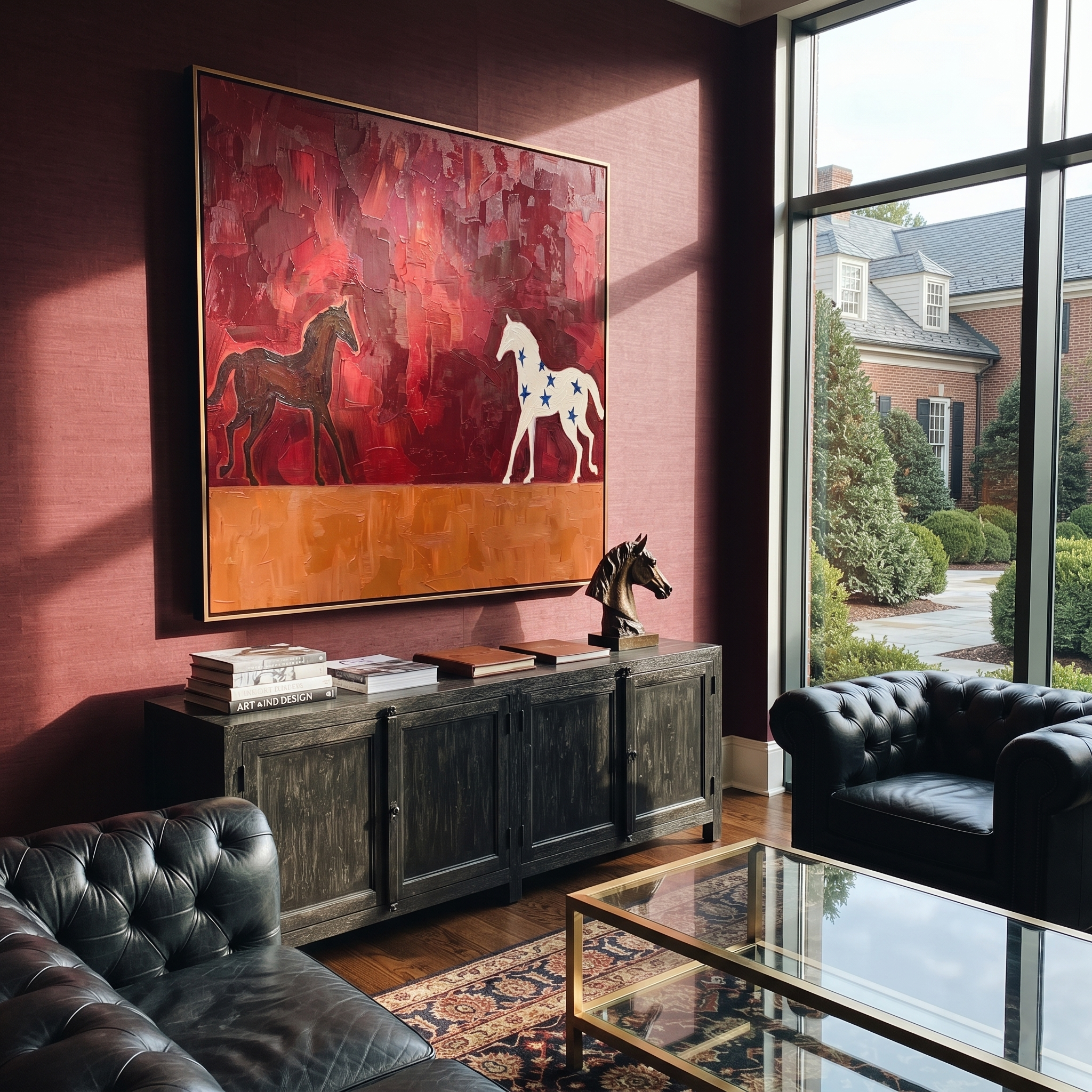 Star Horse Follows Shadow - two horse painting by Isabelle Laurent, modern Western square wall art – styled room scene view 2
