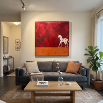 Star Horse Follows Shadow - two horse painting by Isabelle Laurent, modern Western square wall art – styled room scene view 3