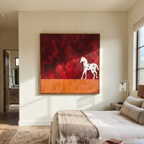 Star Horse Follows Shadow - two horse painting by Isabelle Laurent, modern Western square wall art – styled room scene view 4