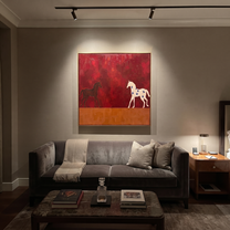 Star Horse Follows Shadow - two horse painting by Isabelle Laurent, modern Western square wall art – styled room scene view 5