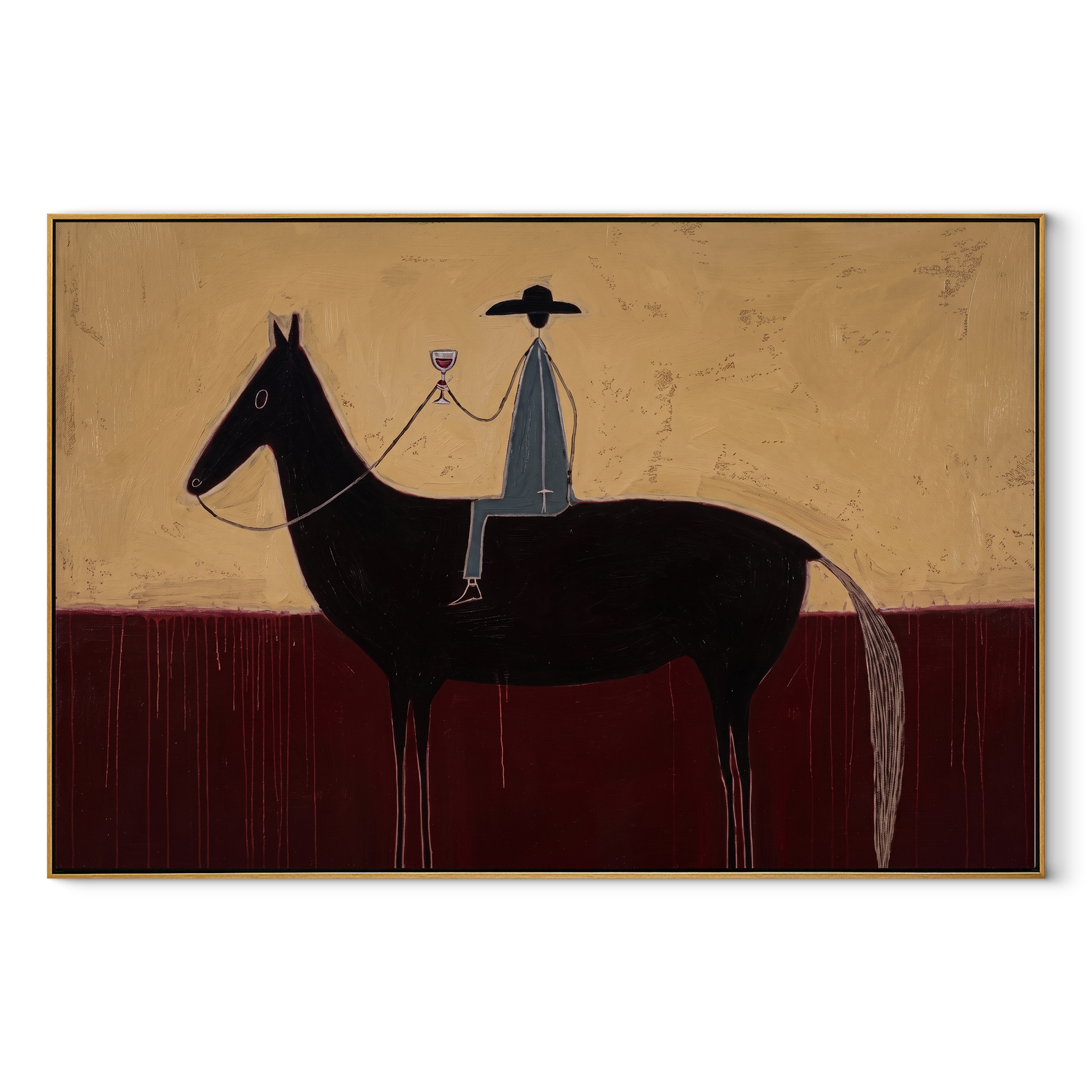 Wine Rises Above Black - black horse rider painting by Isabelle Laurent, modern Western horizontal wall art – wood frame on white background