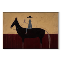 Wine Rises Above Black - black horse rider painting by Isabelle Laurent, modern Western horizontal wall art – wood frame on white background