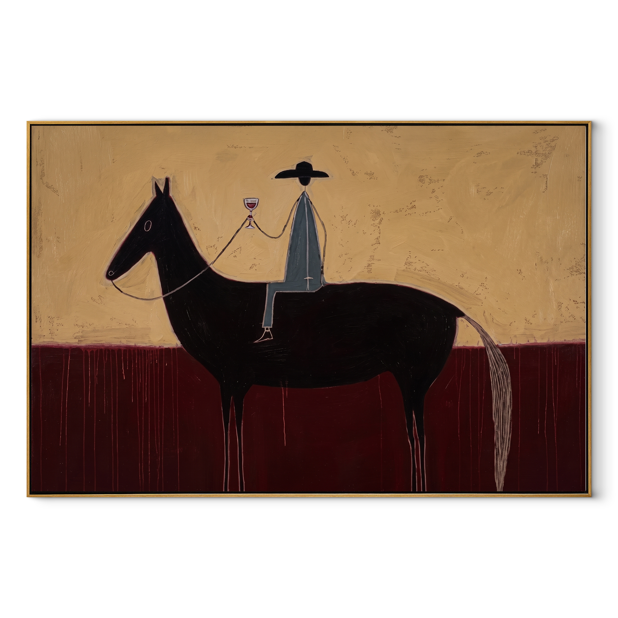 Wine Rises Above Black - black horse rider painting by Isabelle Laurent, modern Western horizontal wall art – wood frame on white background