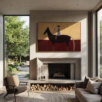 Wine Rises Above Black - black horse rider painting by Isabelle Laurent, modern Western horizontal wall art – styled room scene view 2
