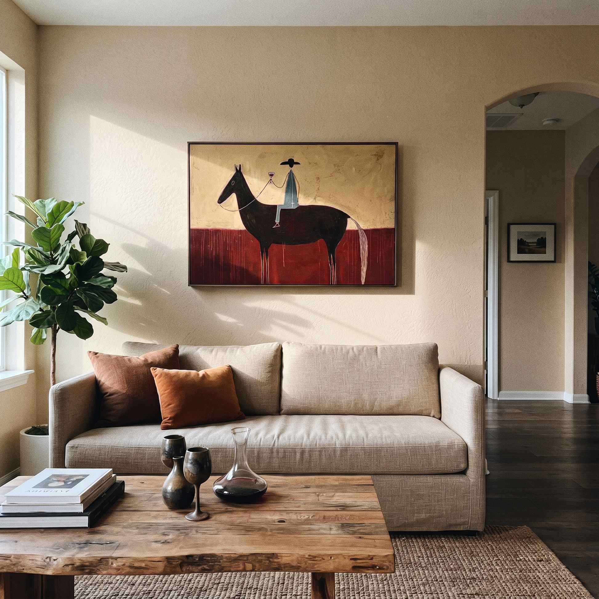 Wine Rises Above Black - black horse rider painting by Isabelle Laurent, modern Western horizontal wall art – styled room scene view 3