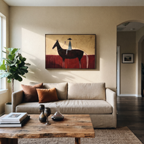 Wine Rises Above Black - black horse rider painting by Isabelle Laurent, modern Western horizontal wall art – styled room scene view 3