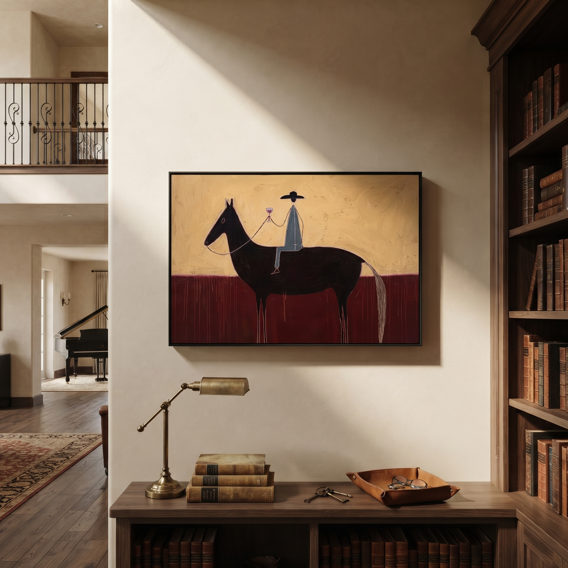 Wine Rises Above Black - black horse rider painting by Isabelle Laurent, modern Western horizontal wall art – styled room scene view 4