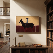 Wine Rises Above Black - black horse rider painting by Isabelle Laurent, modern Western horizontal wall art – styled room scene view 4
