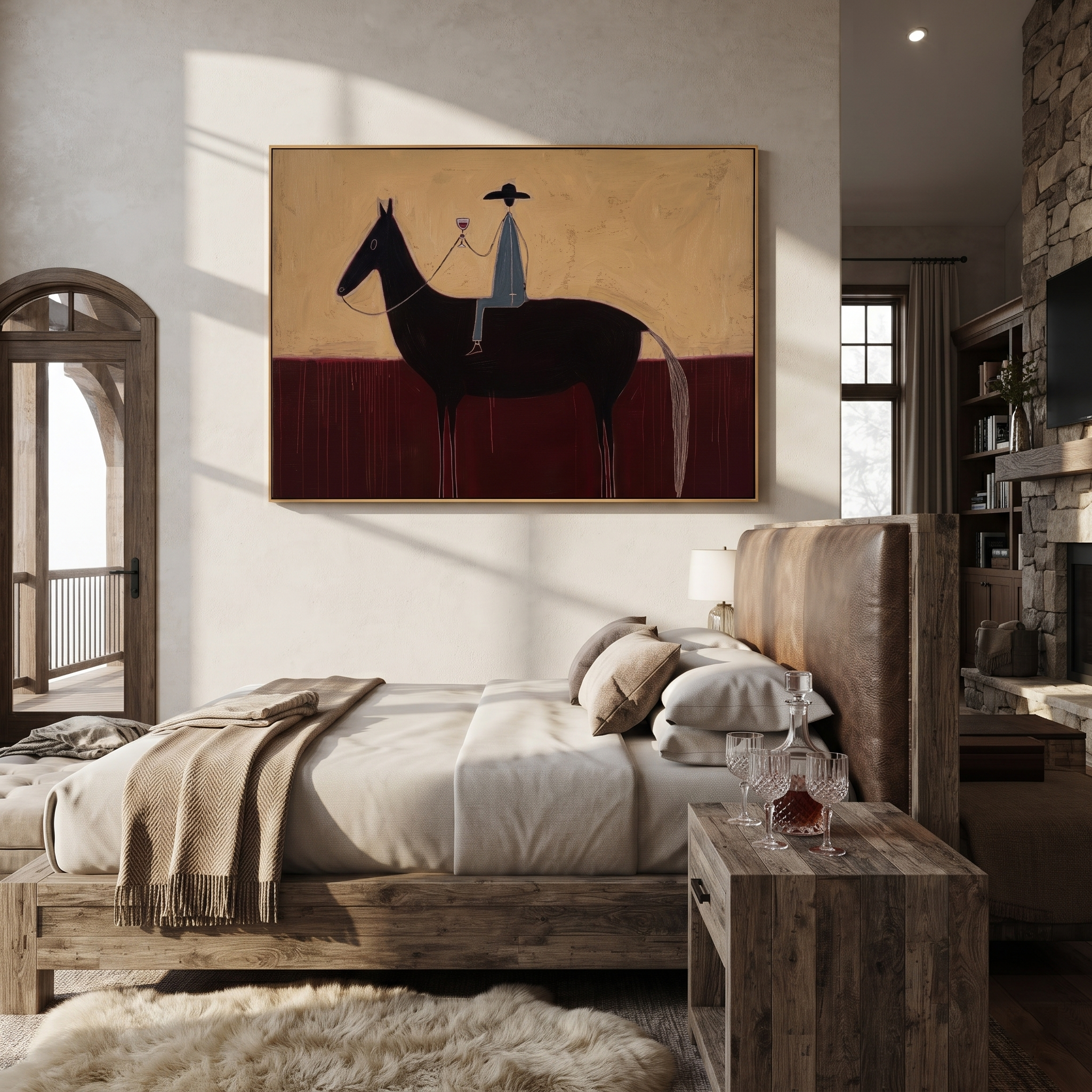 Wine Rises Above Black - black horse rider painting by Isabelle Laurent, modern Western horizontal wall art – styled room scene view 5